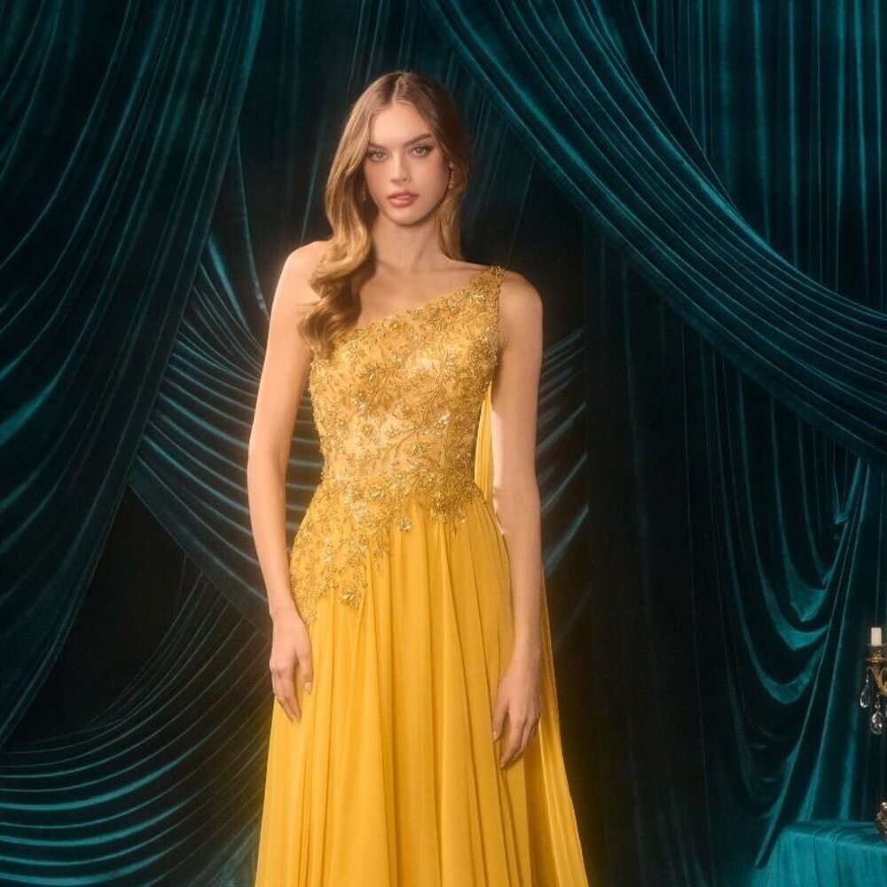 New Marigold One Shoulder Evening Gown w/ Beaded Bodice & Shoulder Cape CD A1495